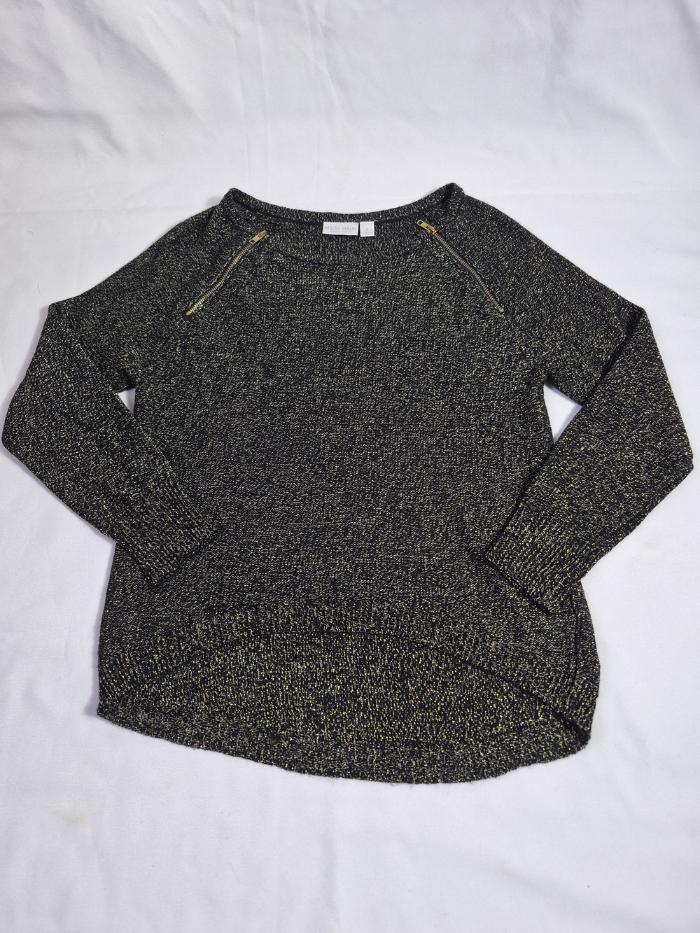 BISOU BISOU Sweater Women's Size S Black Gold Metallic Front Sizes Zip Boatneck